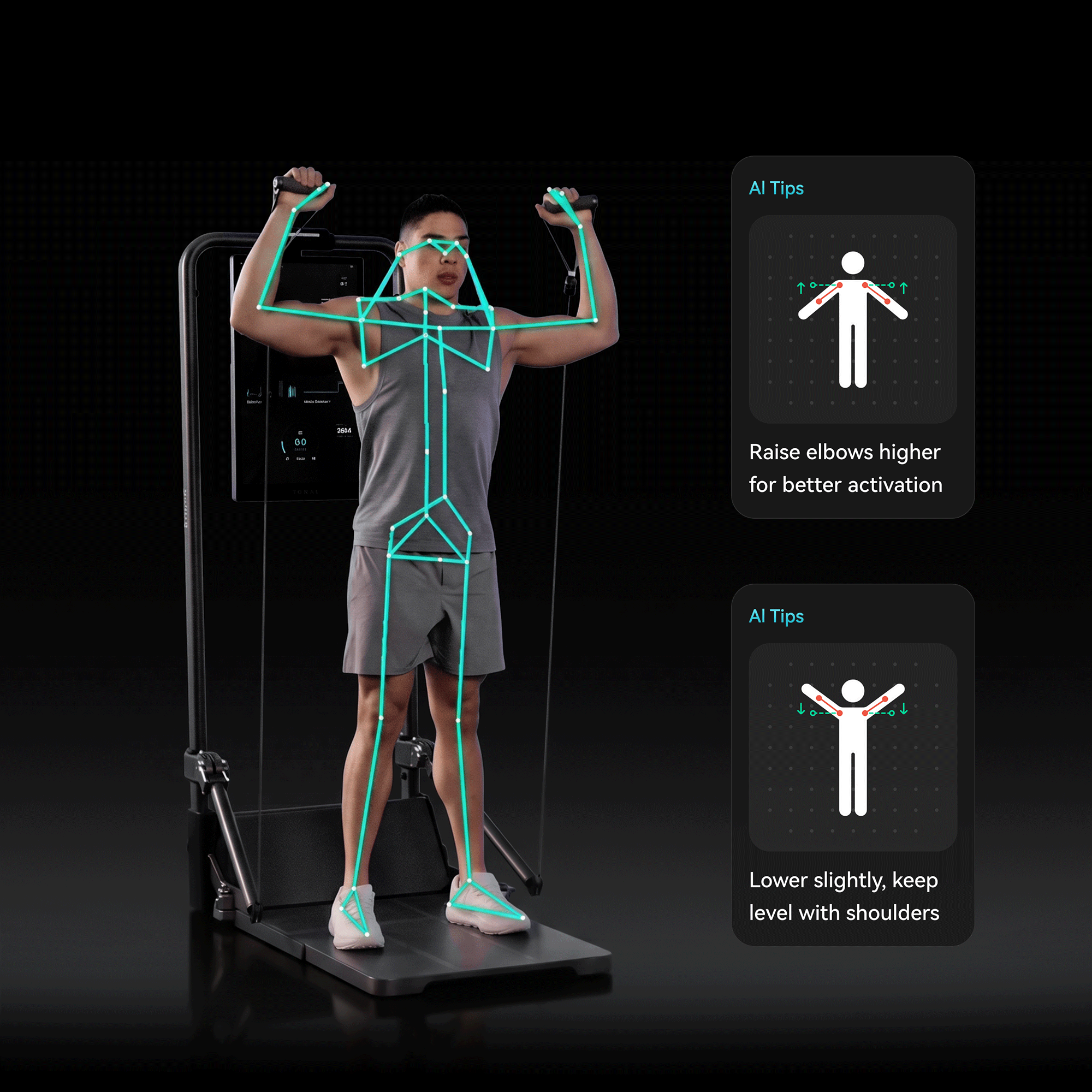 Man using an exercise machine with AI pose-tracking lines and tips for shoulder positioning