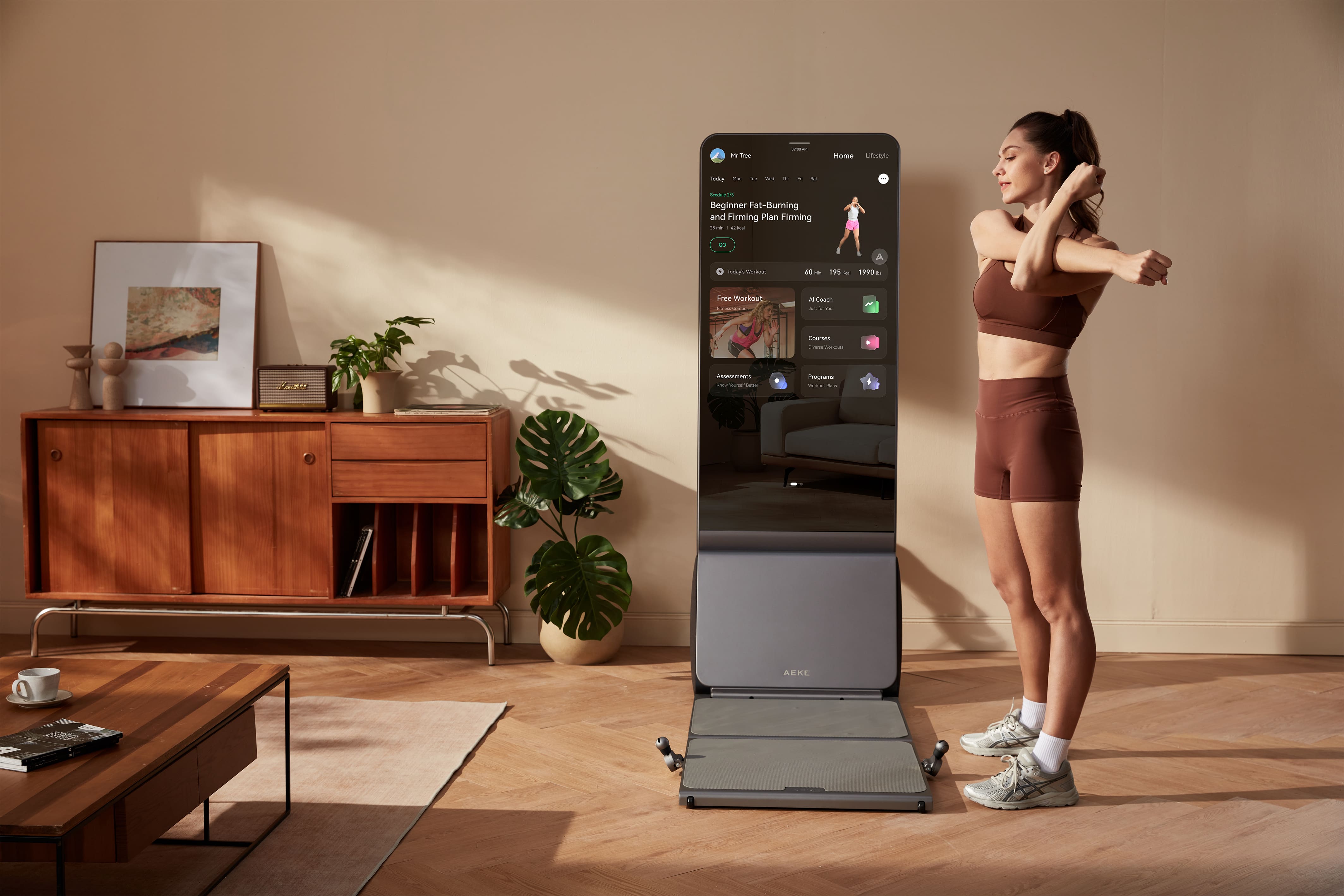 Woman stretching beside AEKE smart fitness mirror in a modern living room home gym