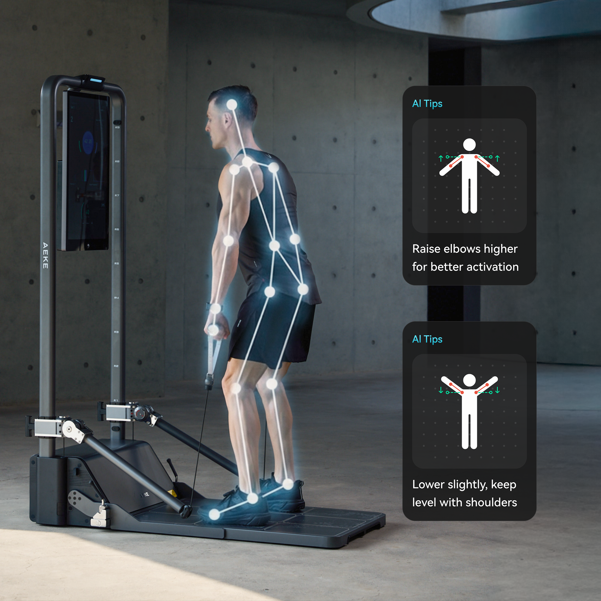 Man using a cable-based fitness machine with AI posture-tracking tips overlaid