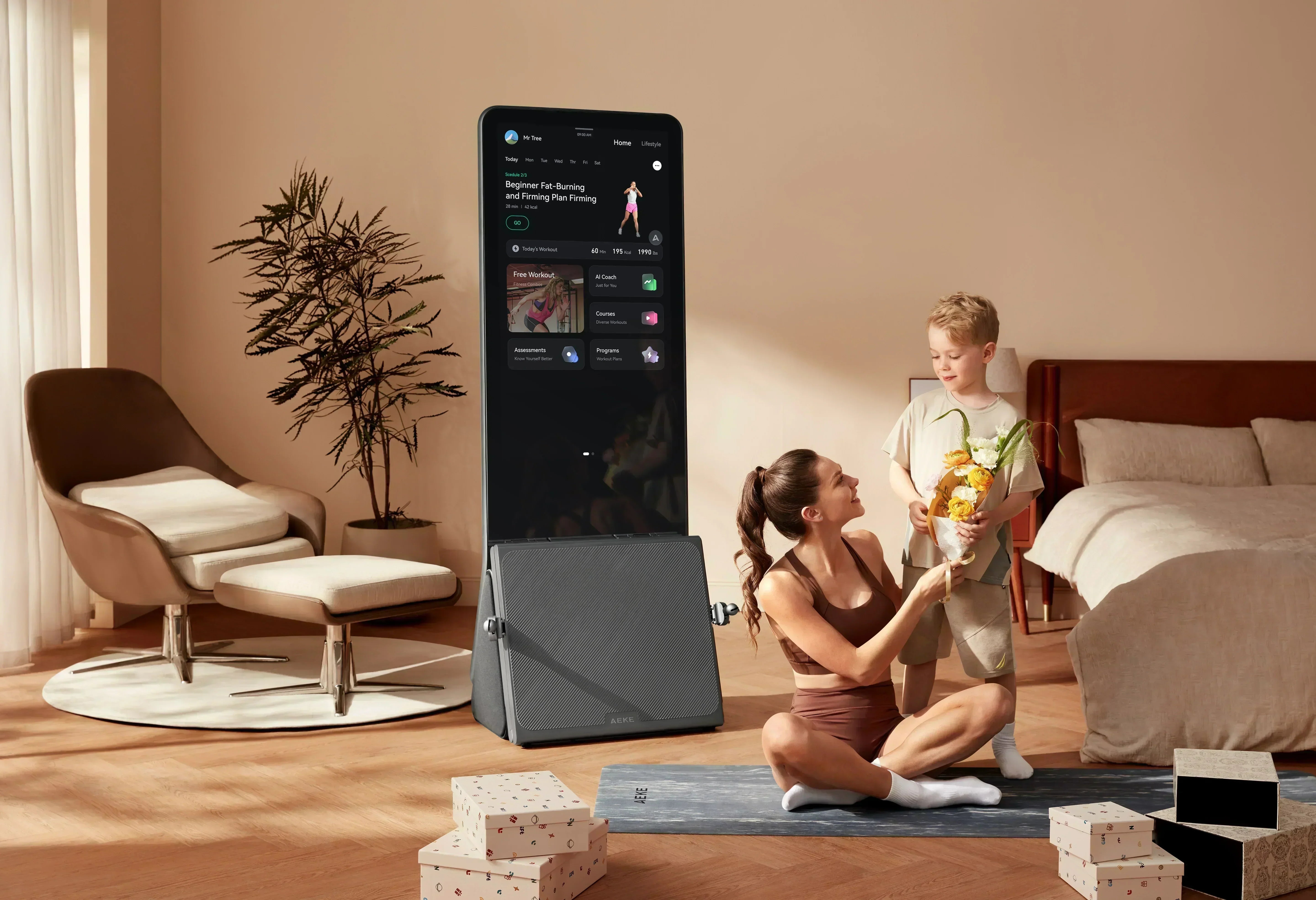 Woman performing strength training in front of a home workout mirror