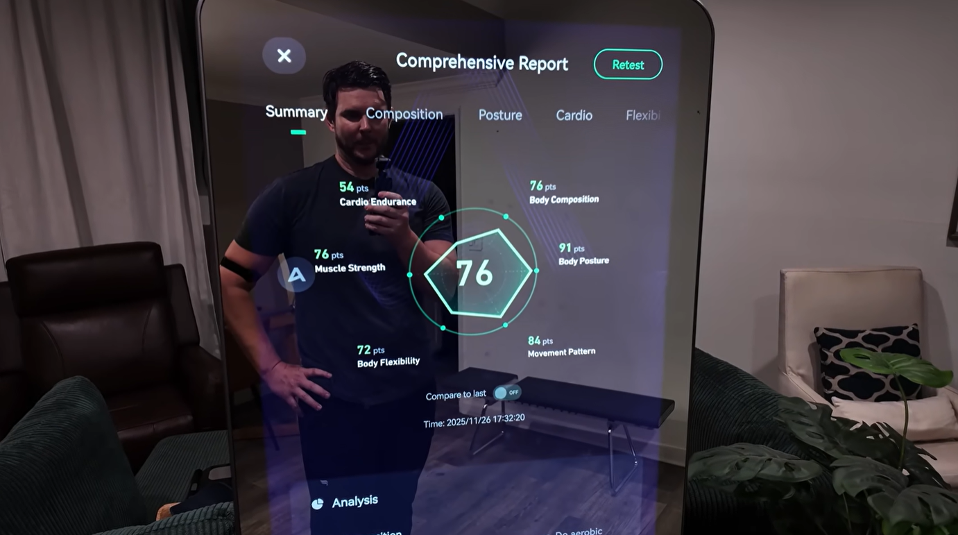Smart home workout screen showing exercise metrics and guided training