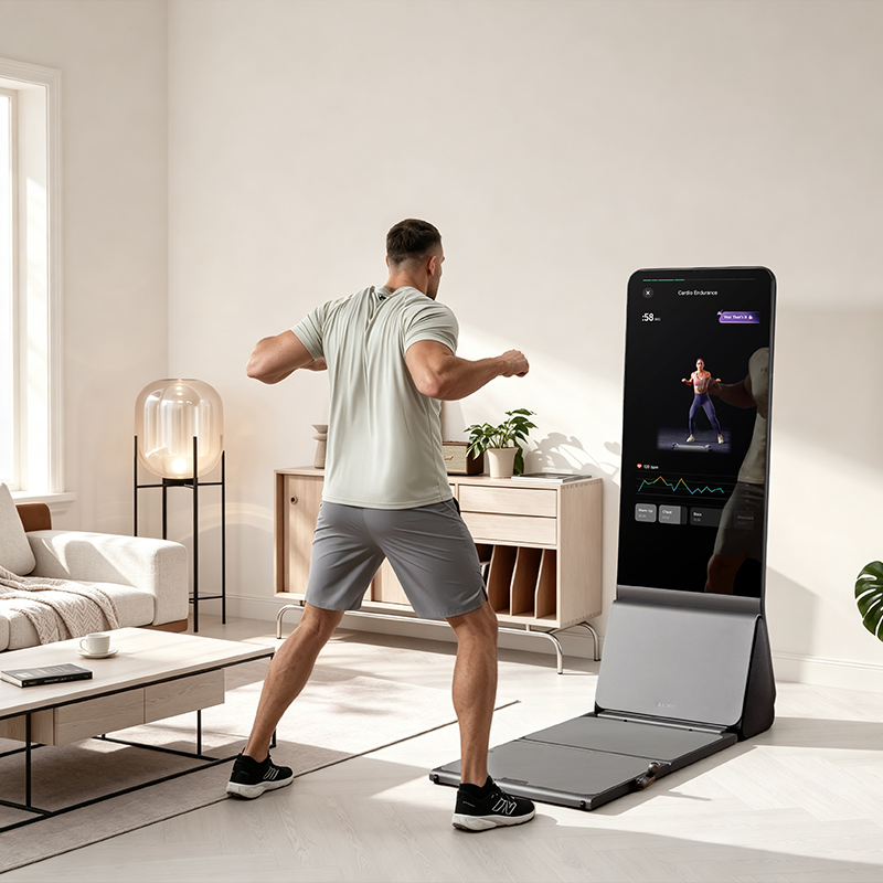 Compact small home gym setup with smart fitness equipment