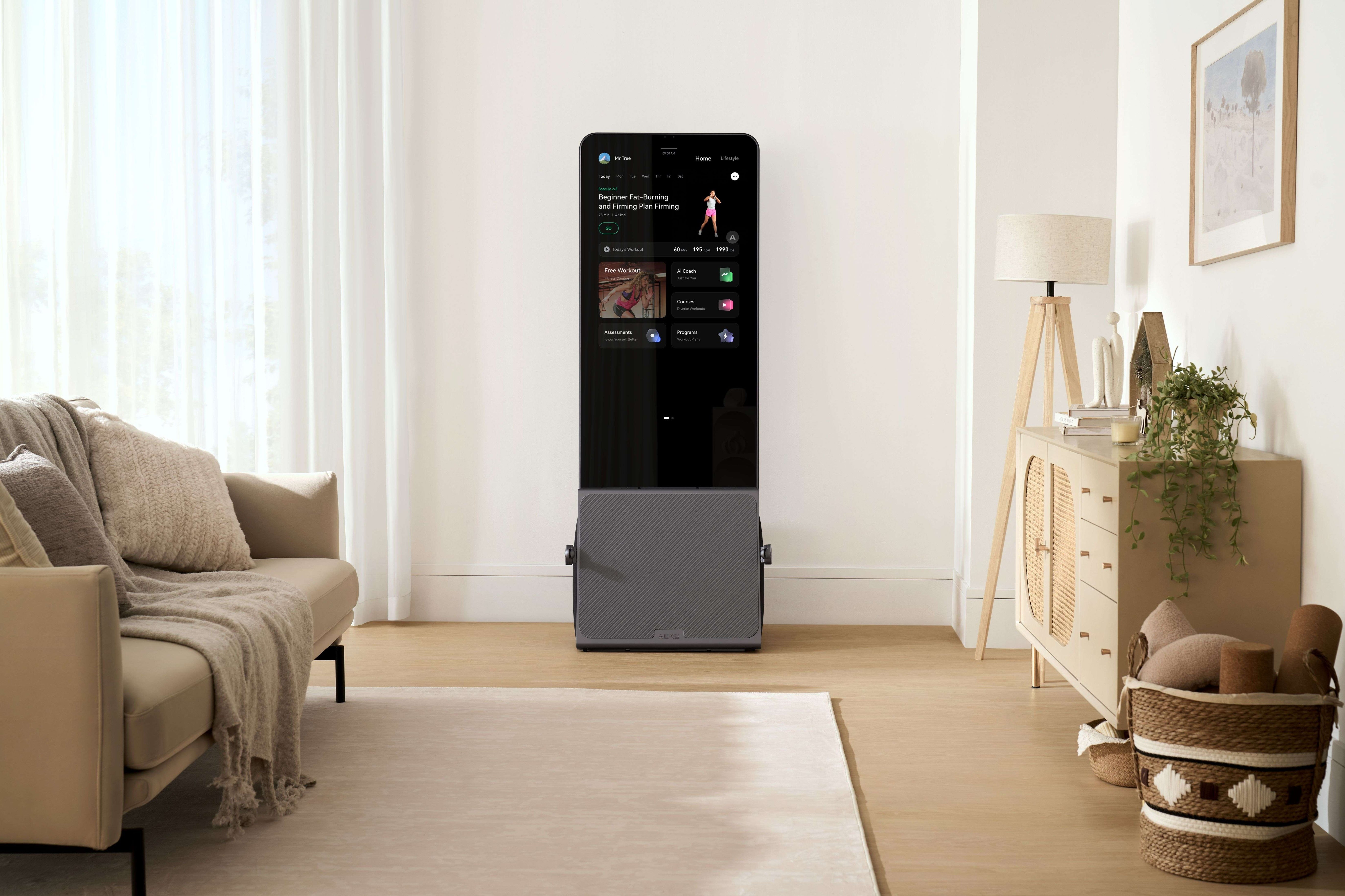 A sleek, smart fitness mirror in a modern living room setting, perfect for a professional and tidy home workout.