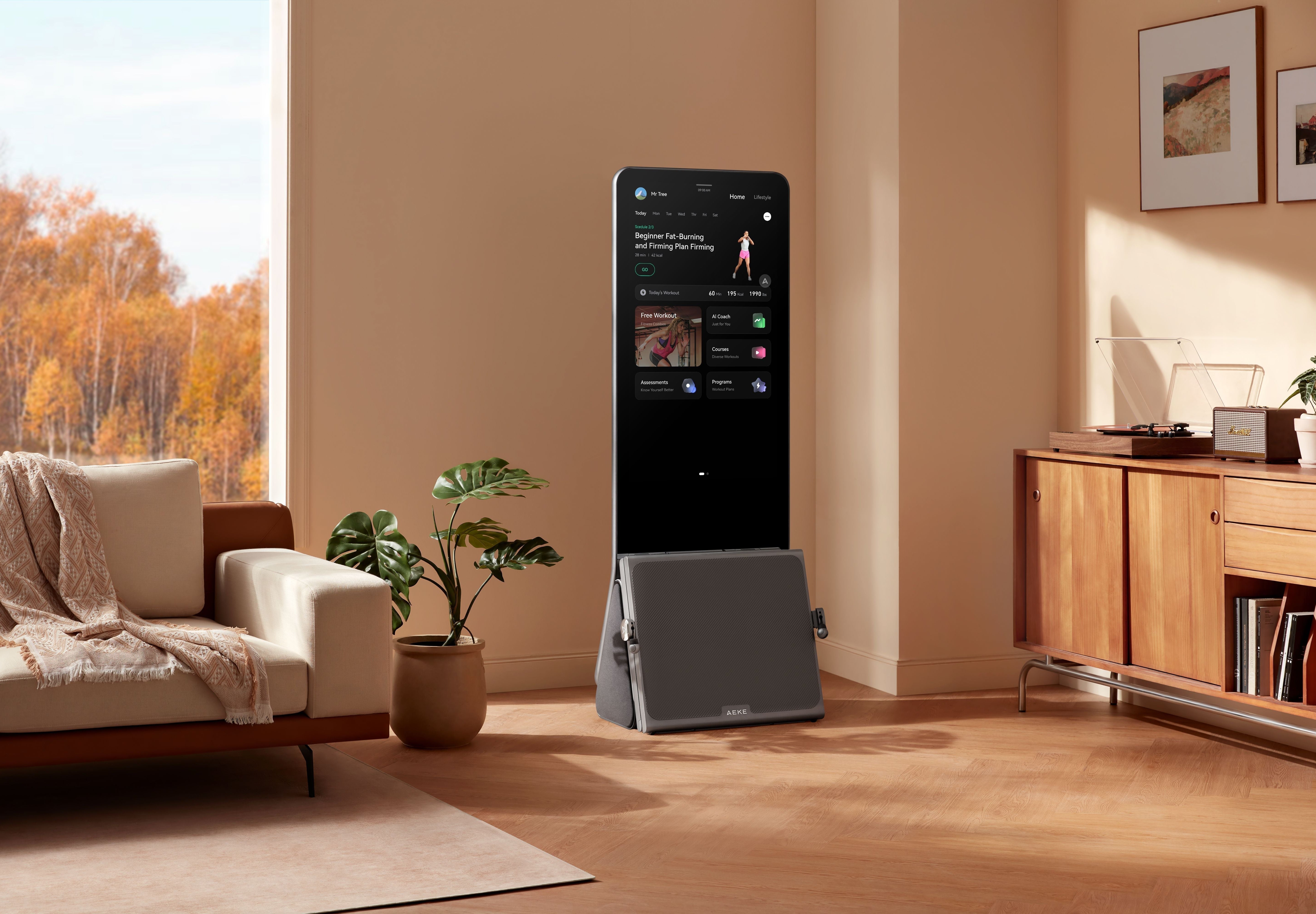 smart home gym setup in modern living room