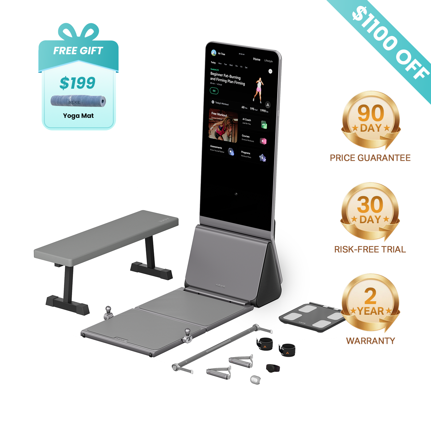 AEKE-K1 Smart Home Gym — full-body resistance trainer with 43-inch 4K touchscreen